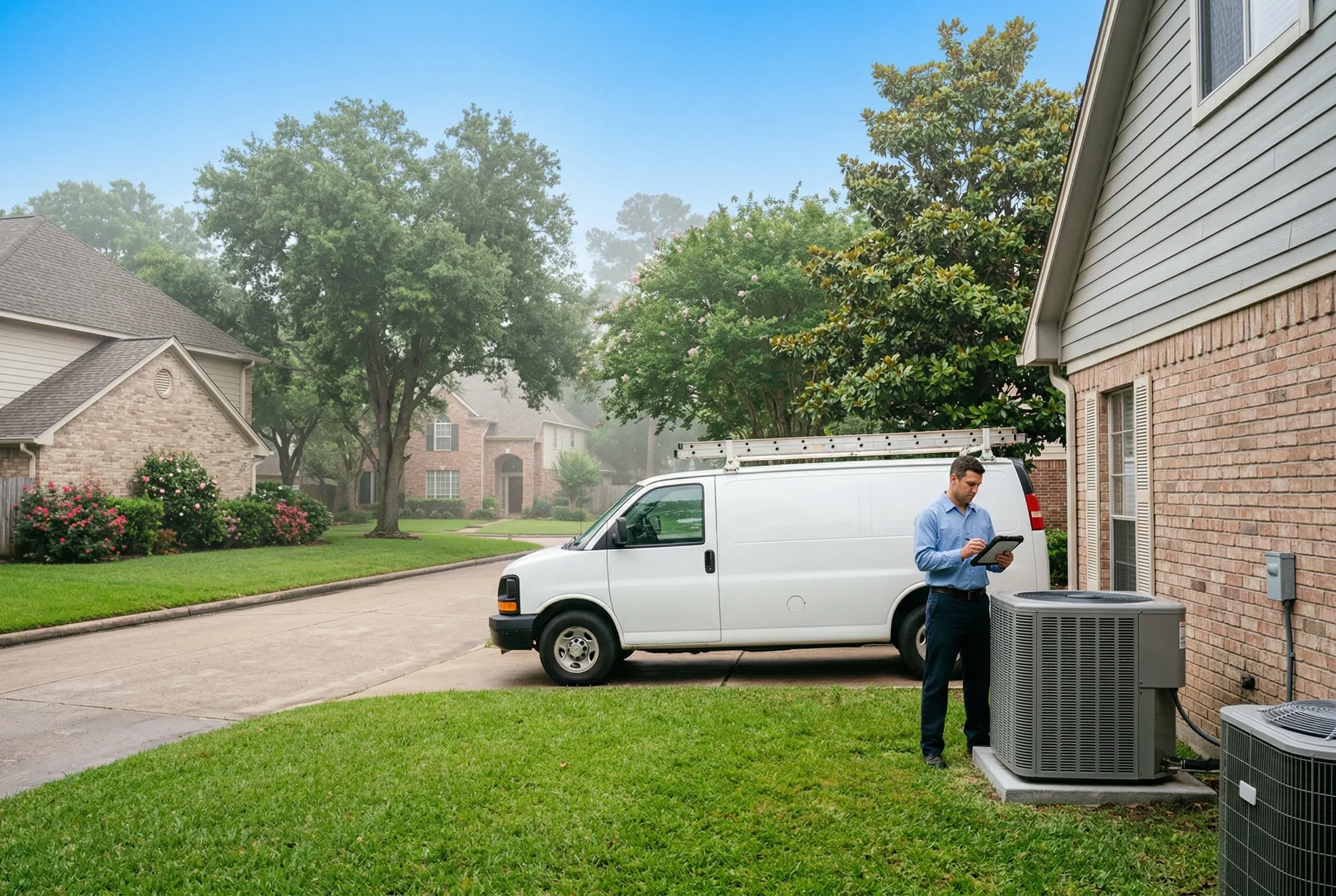 HVAC service van parked outside a Houston residential home in summer heat