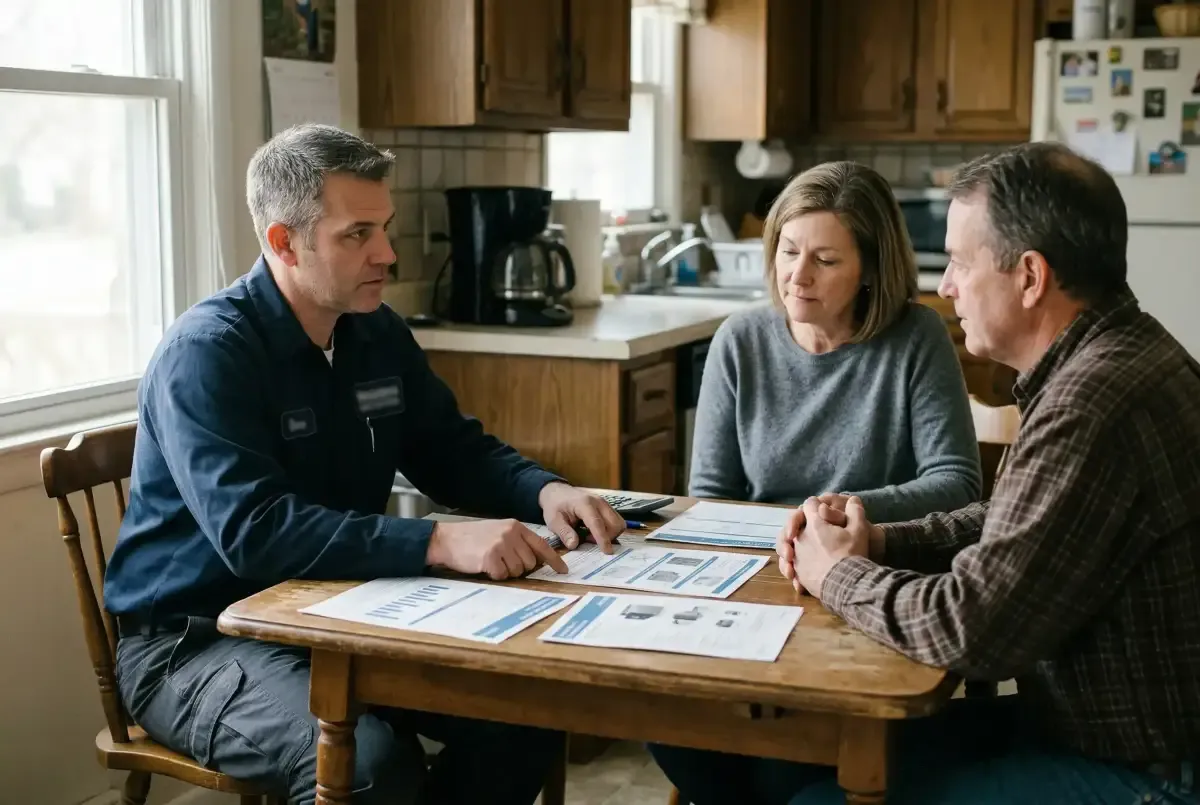 HVAC technician reviewing options with homeowner at kitchen table during a replacement conversation
