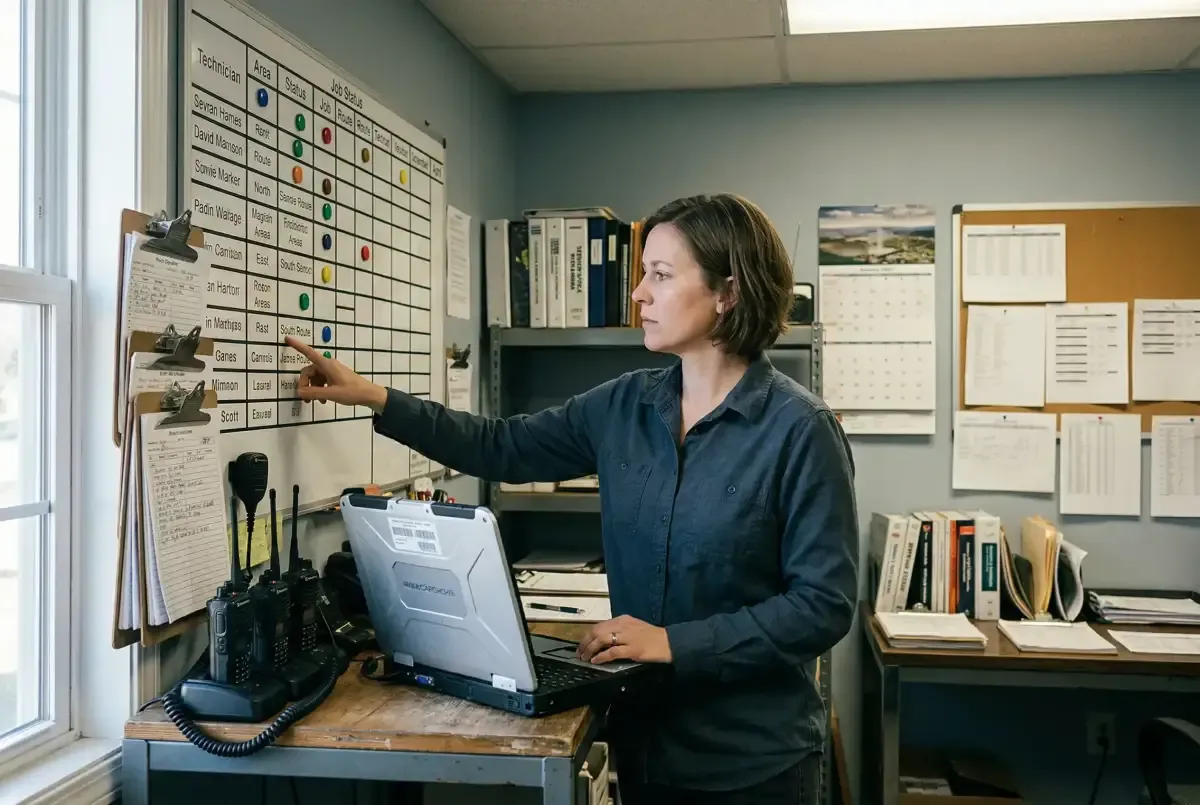 HVAC dispatcher reviewing routing board with technician locations and job assignments