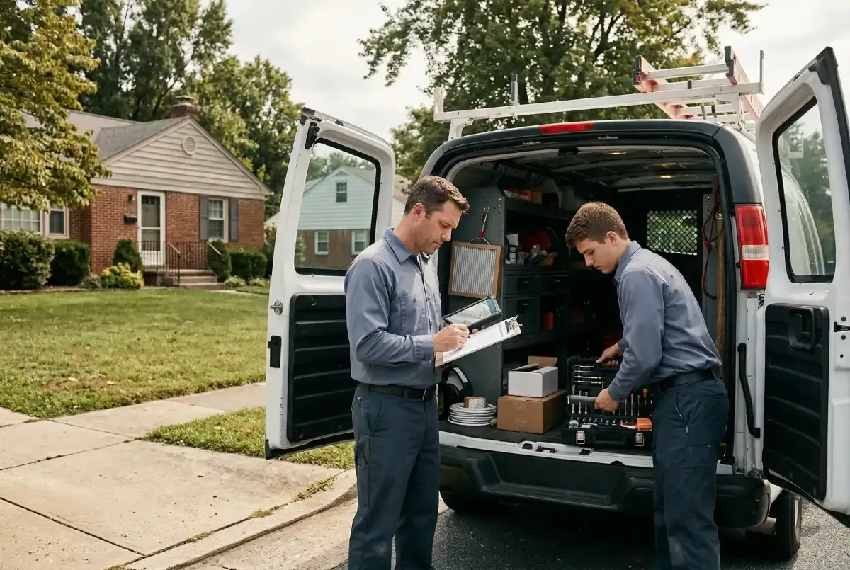 HVAC service van parked outside a residential home