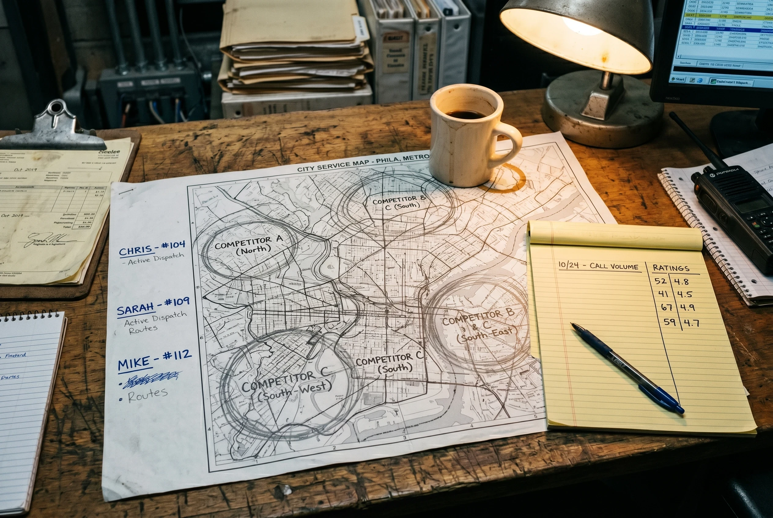 Printed market diagnostic report open on a dispatch desk — natural light, editorial