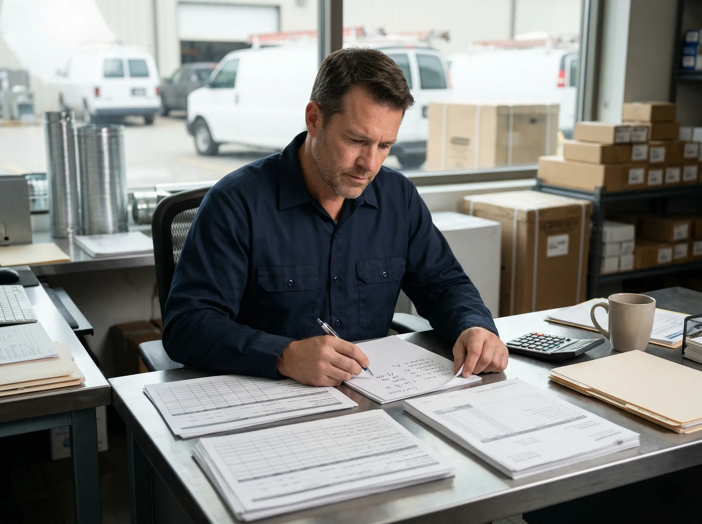 Reviewing route sheets and team output near trucks