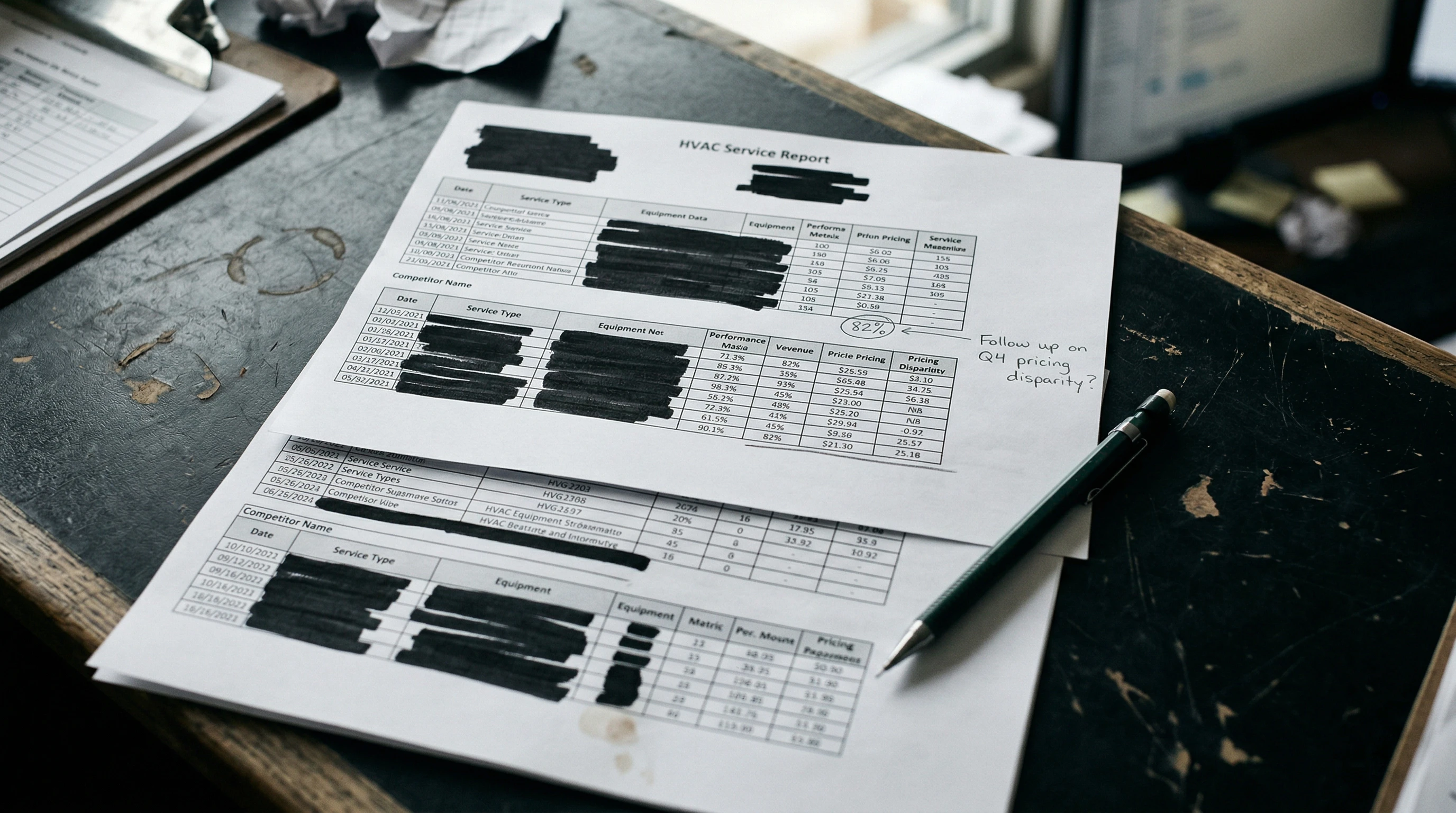 Sample market diagnostic report pages on a dispatch desk showing redacted competitor data tables